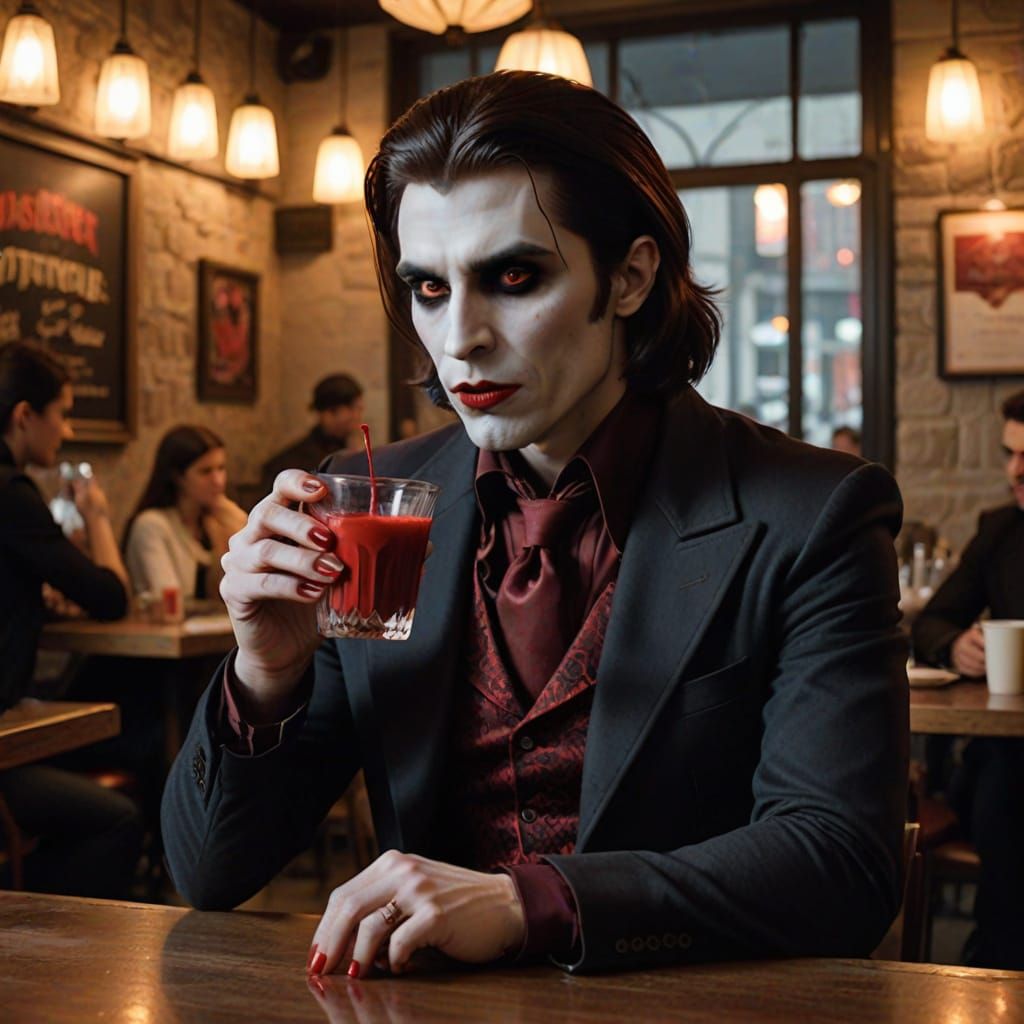 Elegant Vampire Sips Artisanal Blood at Upscale Café