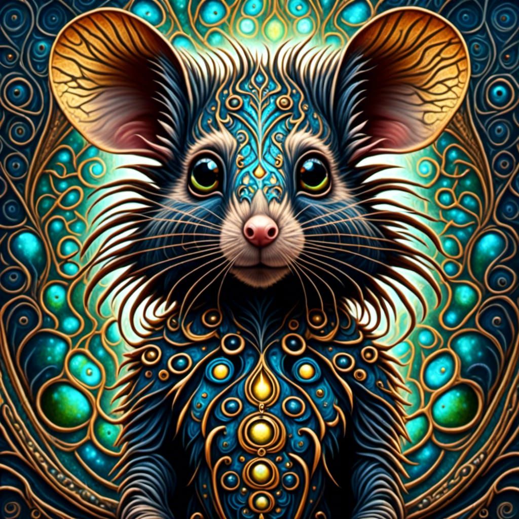 Art Nouveau Fractal Rat with Big Black Eyes