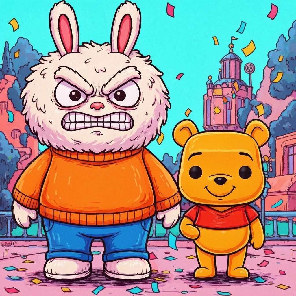 Labubu Korean toy fluffy monster with grimace face and rabbi...