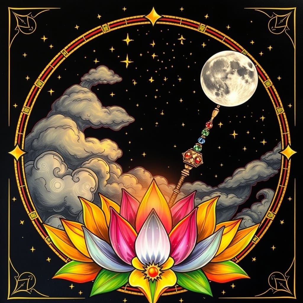 Mystical Rainbow Sky with Magic Wand and Moon