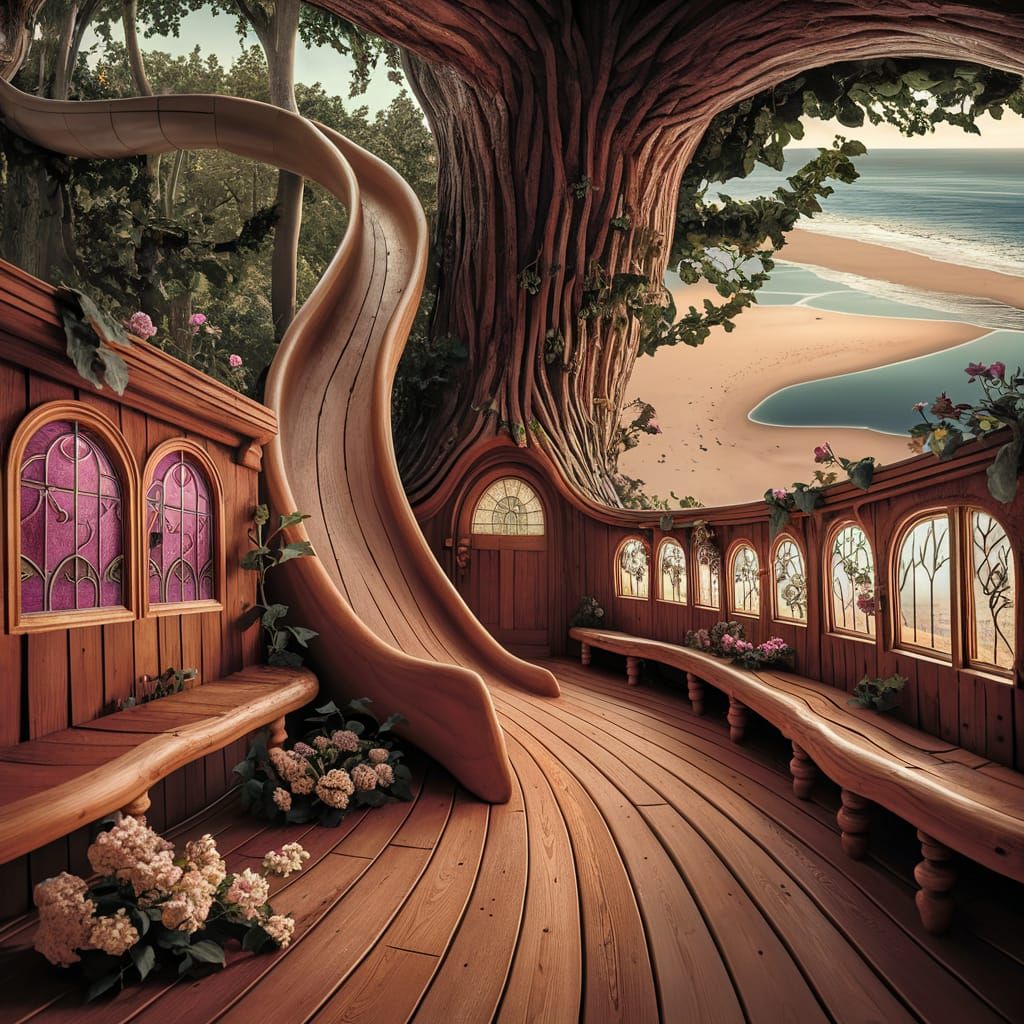 Whimsical Wooden Treehouse Slide Unfolds Through Hollow Bran...