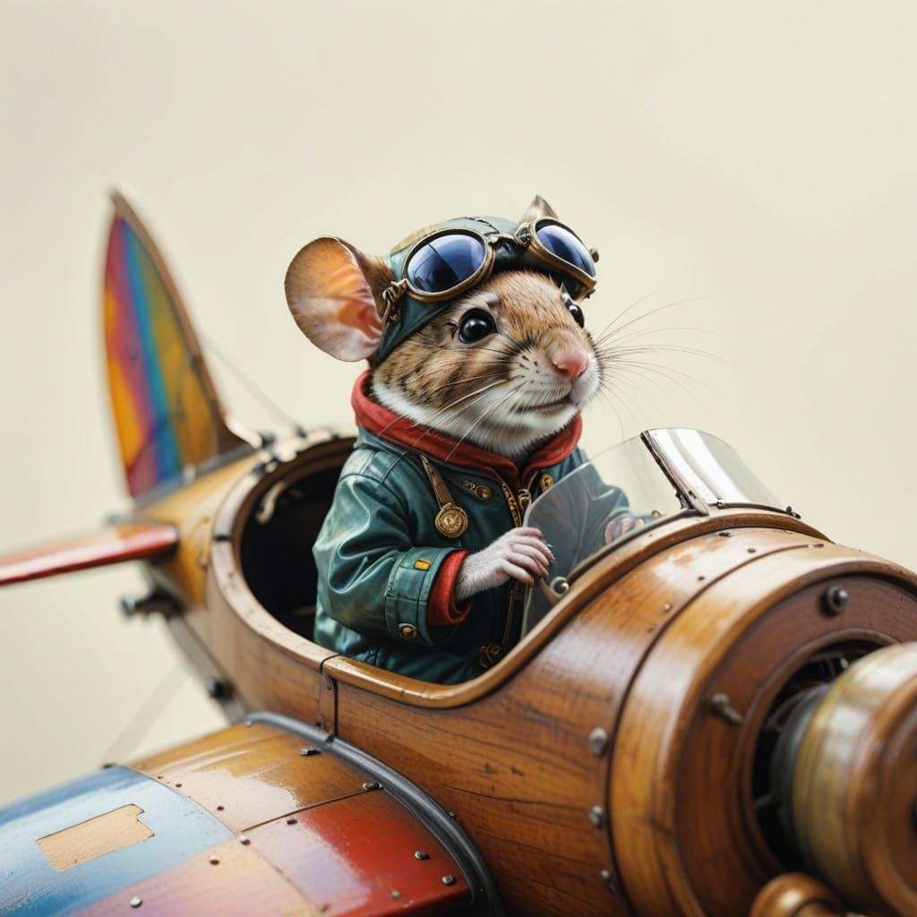 Whimsical Watercolor of a Mouse Pilot in a Walnut Biplane