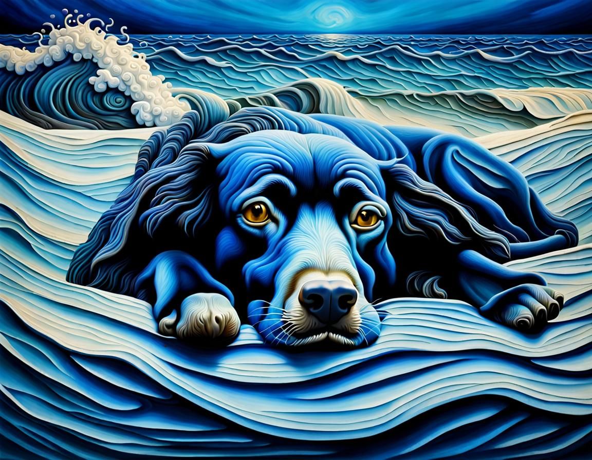 Surreal Blue Dog Sleeping Under Ocean Waves