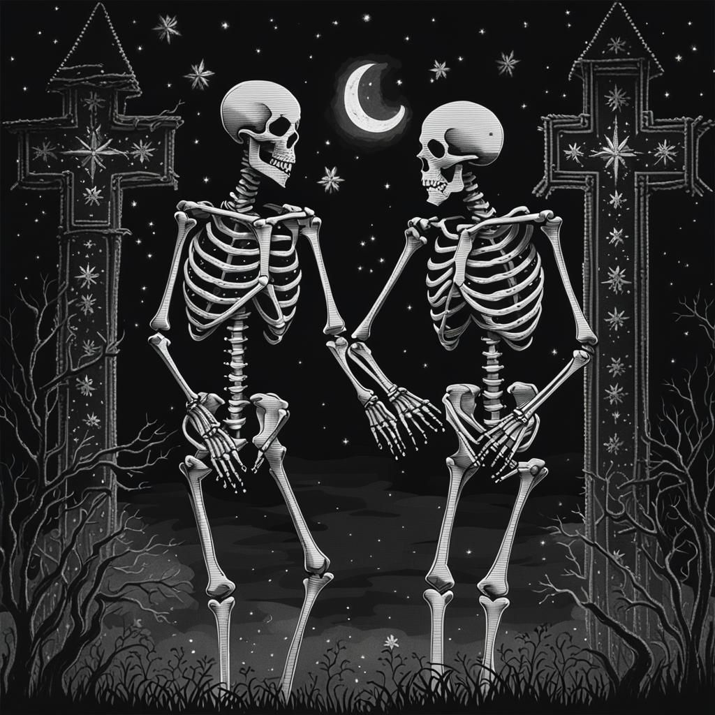 Skeletons Embrace Under Starlight in Cross-Stitch Style