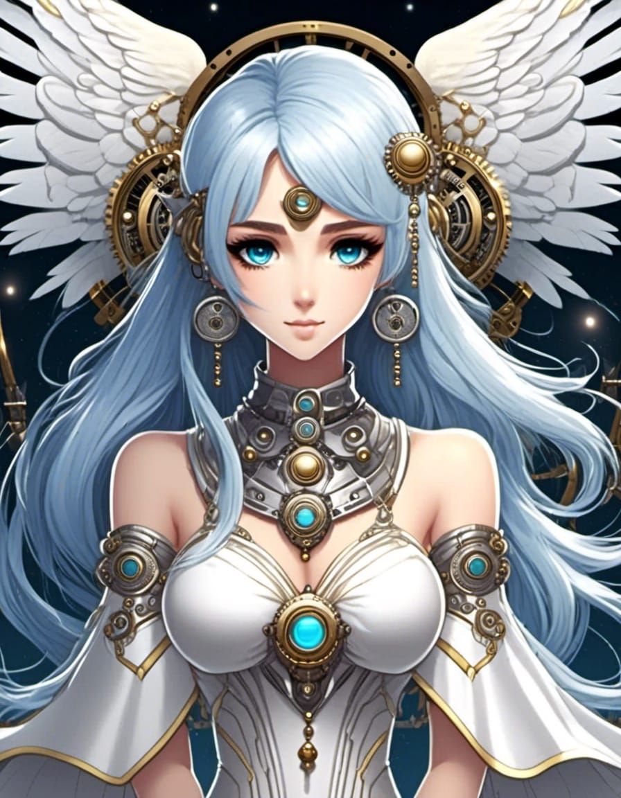 Symmetrical steampunk Anime Goddess, flowing Silver Blue hai...