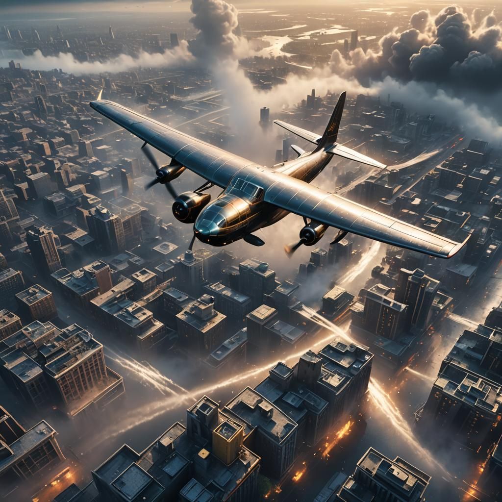 Aircraft Over Cityscape: Detailed Matte Painting