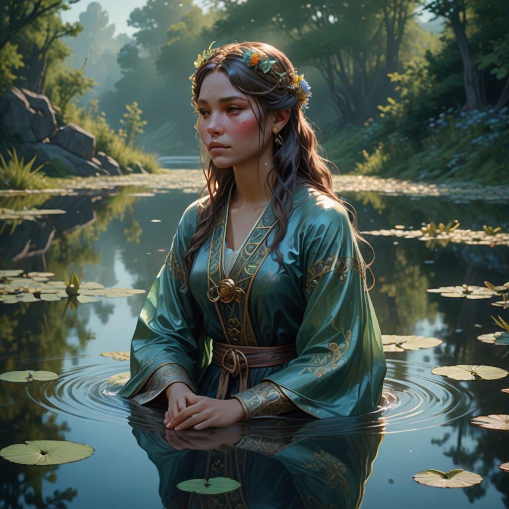 Surreal Character Meditating on Still Lake