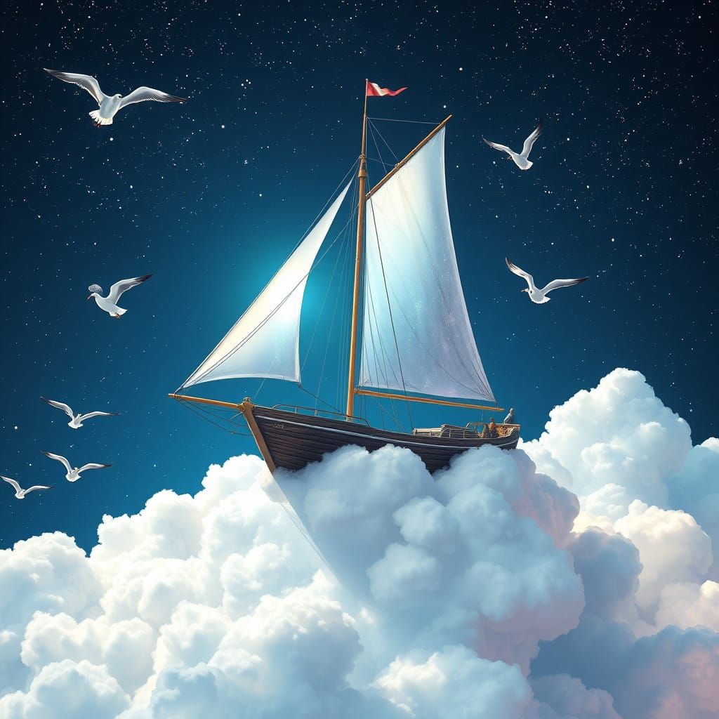 Ethereal Sailboat Majestically Glides on Midnight Clouds in...