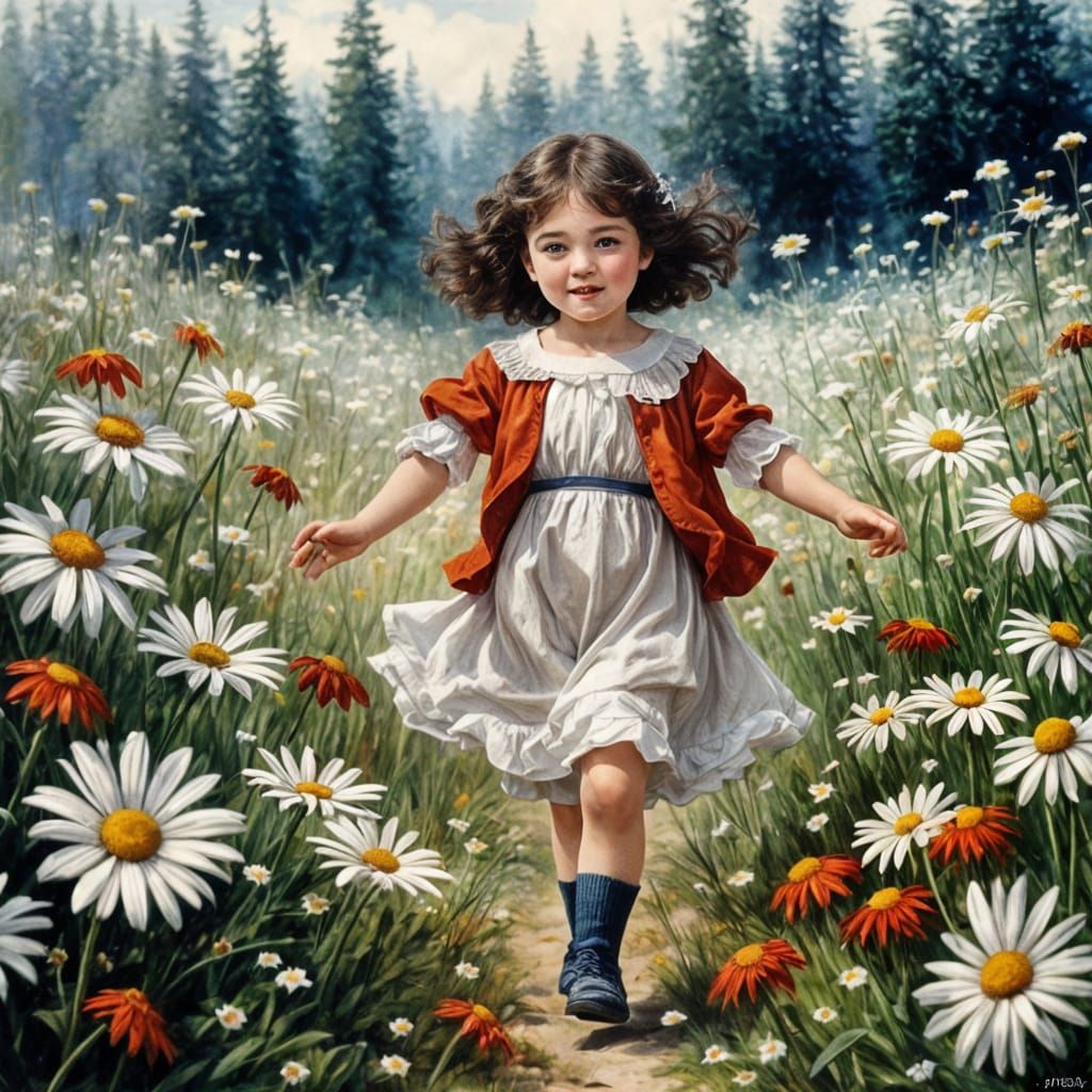 Vintage Illustration of Girl in Daisy Field