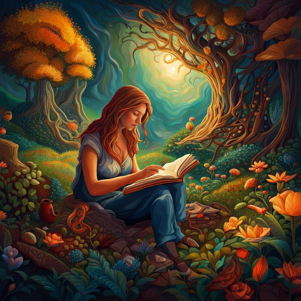Garden Reading: A Hyperdetailed Fantasy Scene