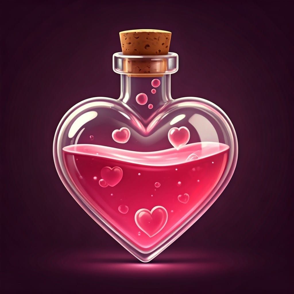 Whimsical Heart-Shaped Potion Bottle in Digital Painting Sty...