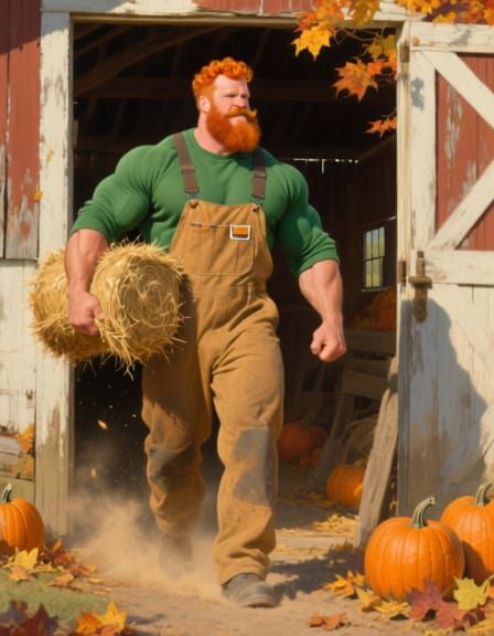 Muscular Ginger Farmer in Autumn Barn