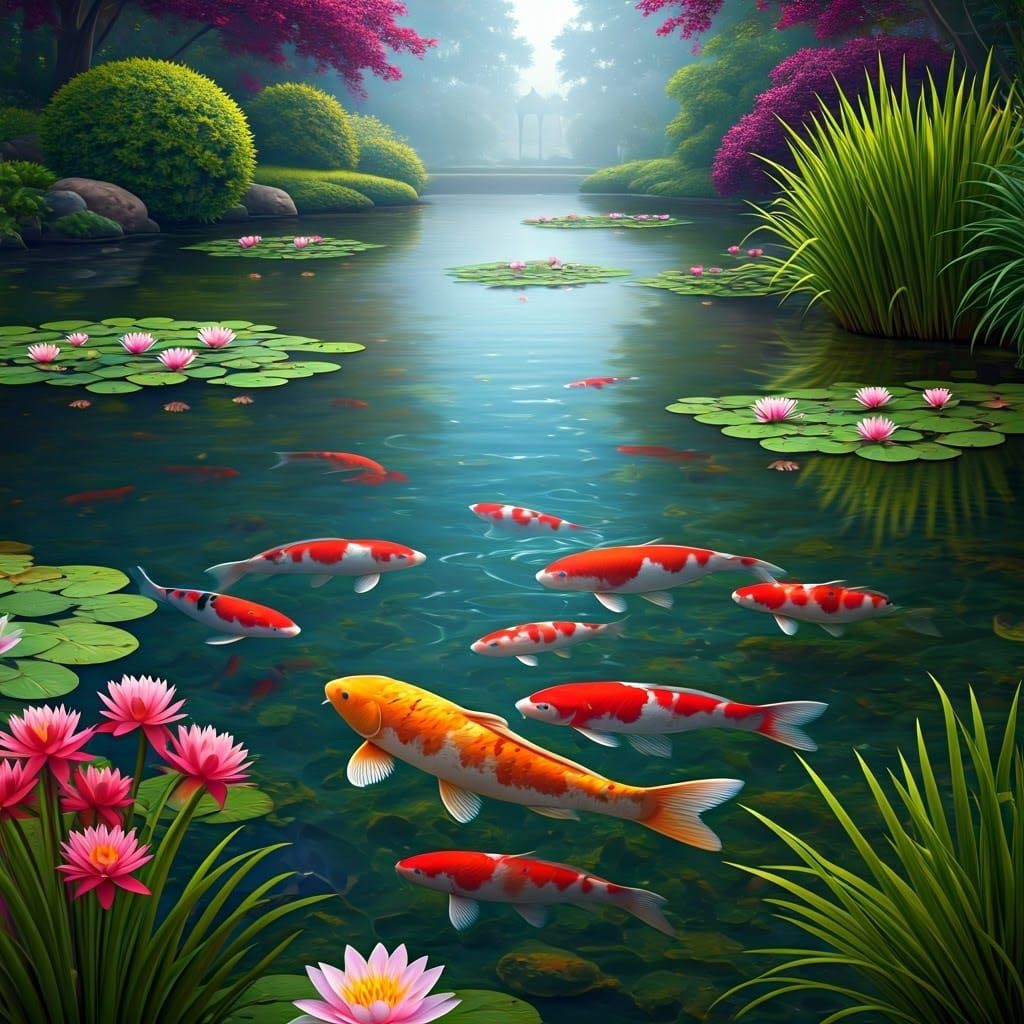 Koi Fish in City Pond: Dreamy Hyperrealistic Art
