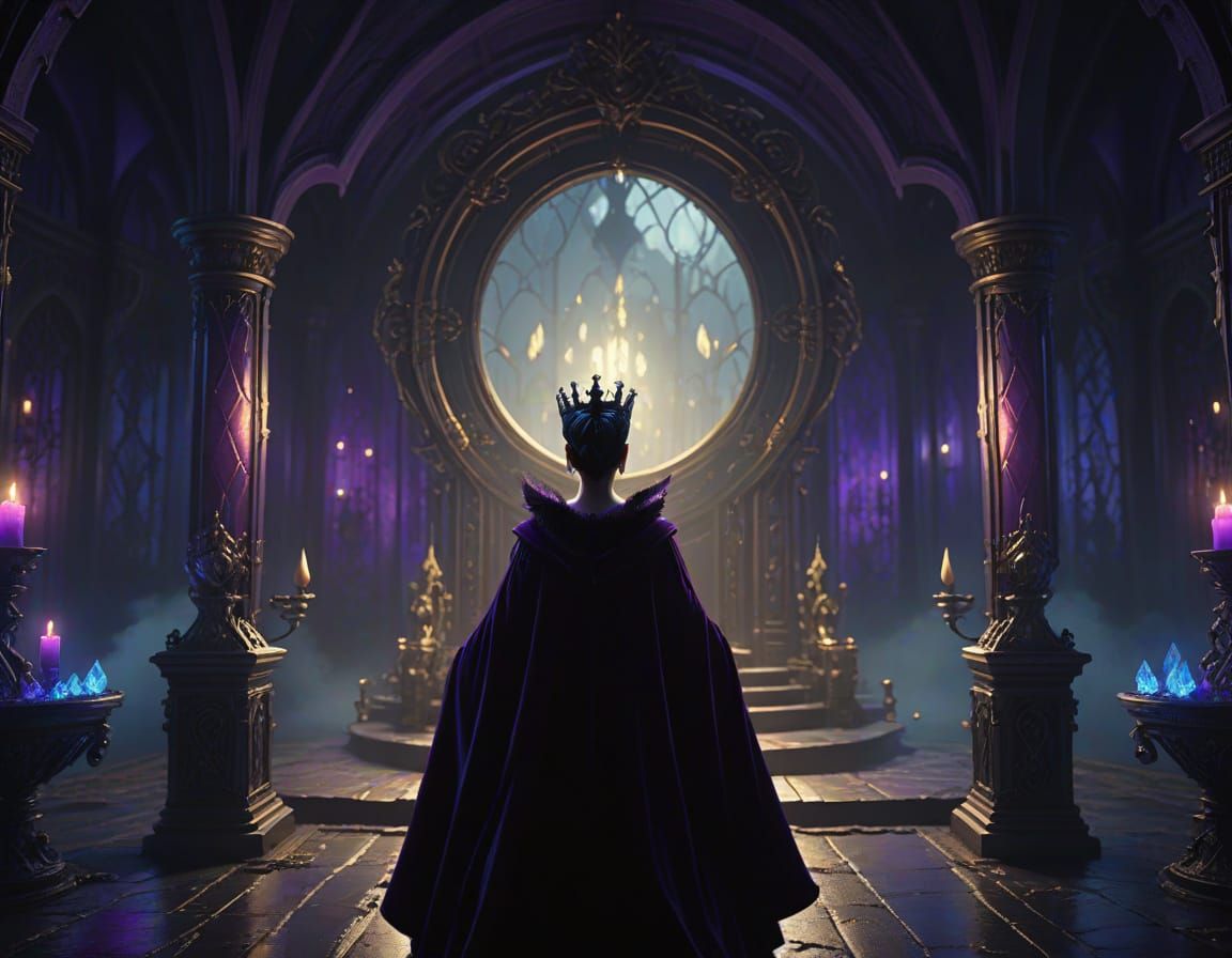 Evil Queen Approaches the Magic Mirror in Dark, Ominous Thro...