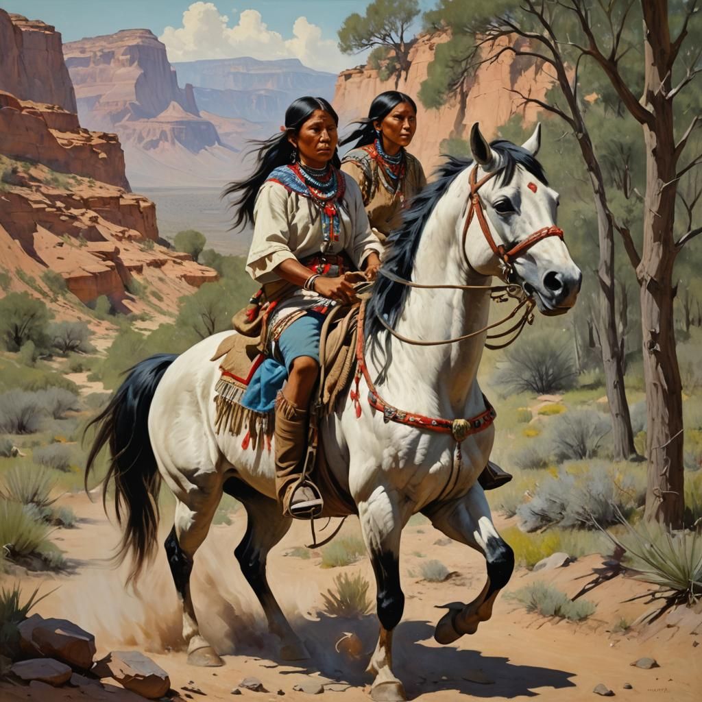Native Woman on Horse in Oil Painting Style