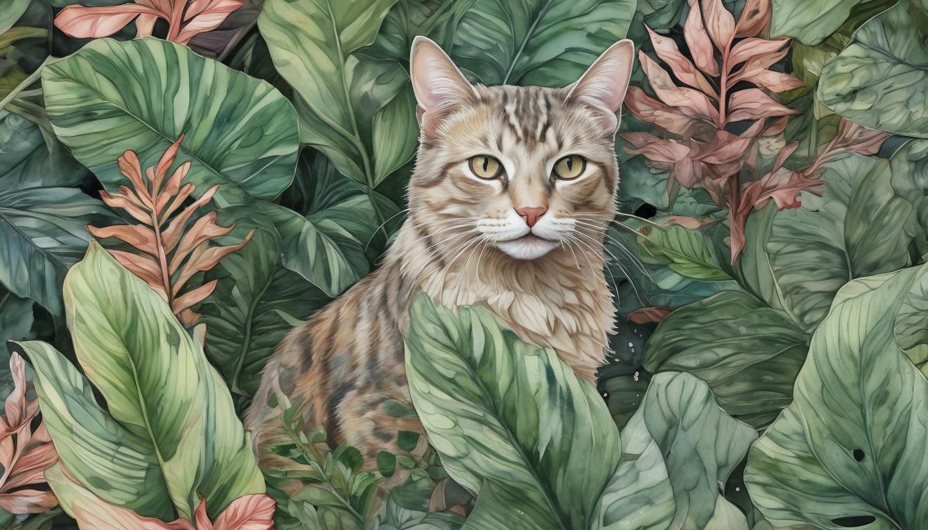 Cat in Calathea Foliage, Watercolor and Ink Drawing