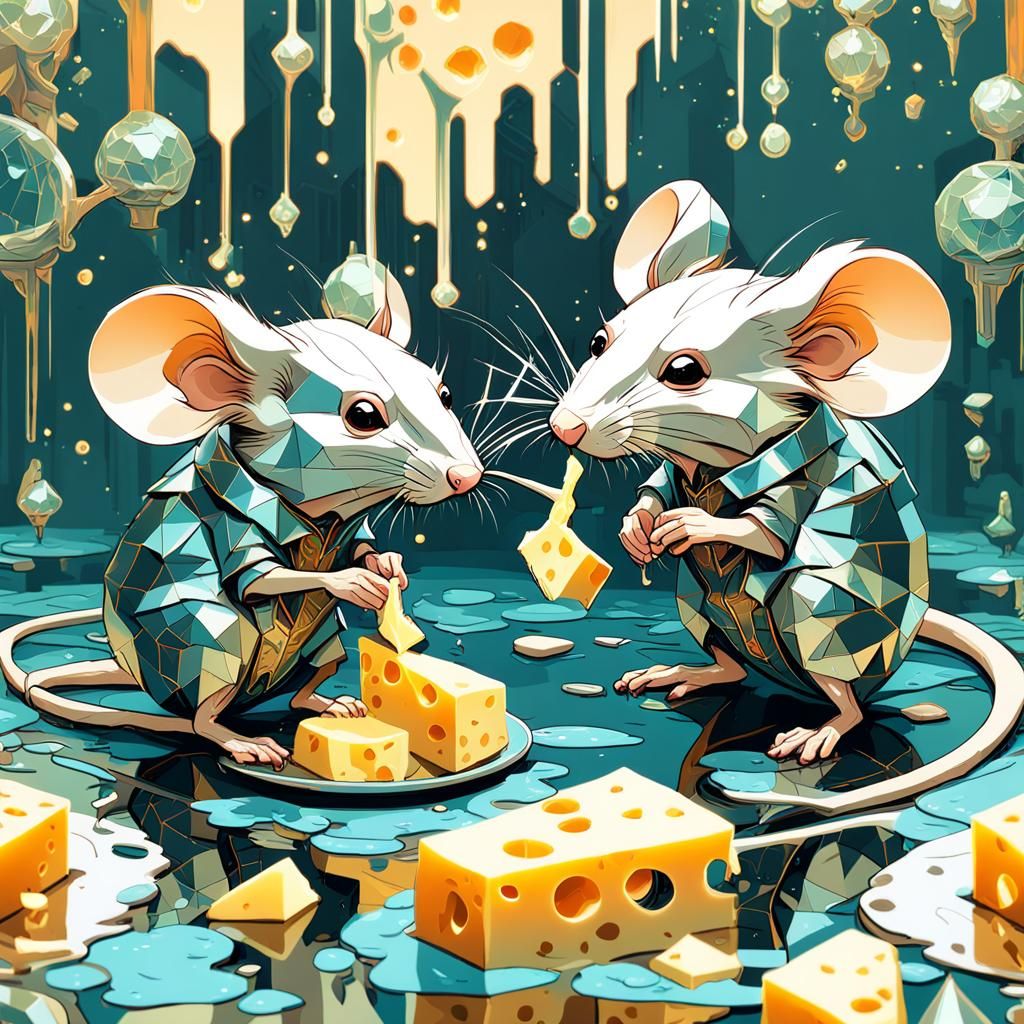 Cartoon Mice Feast in Post-Impressionistic Style