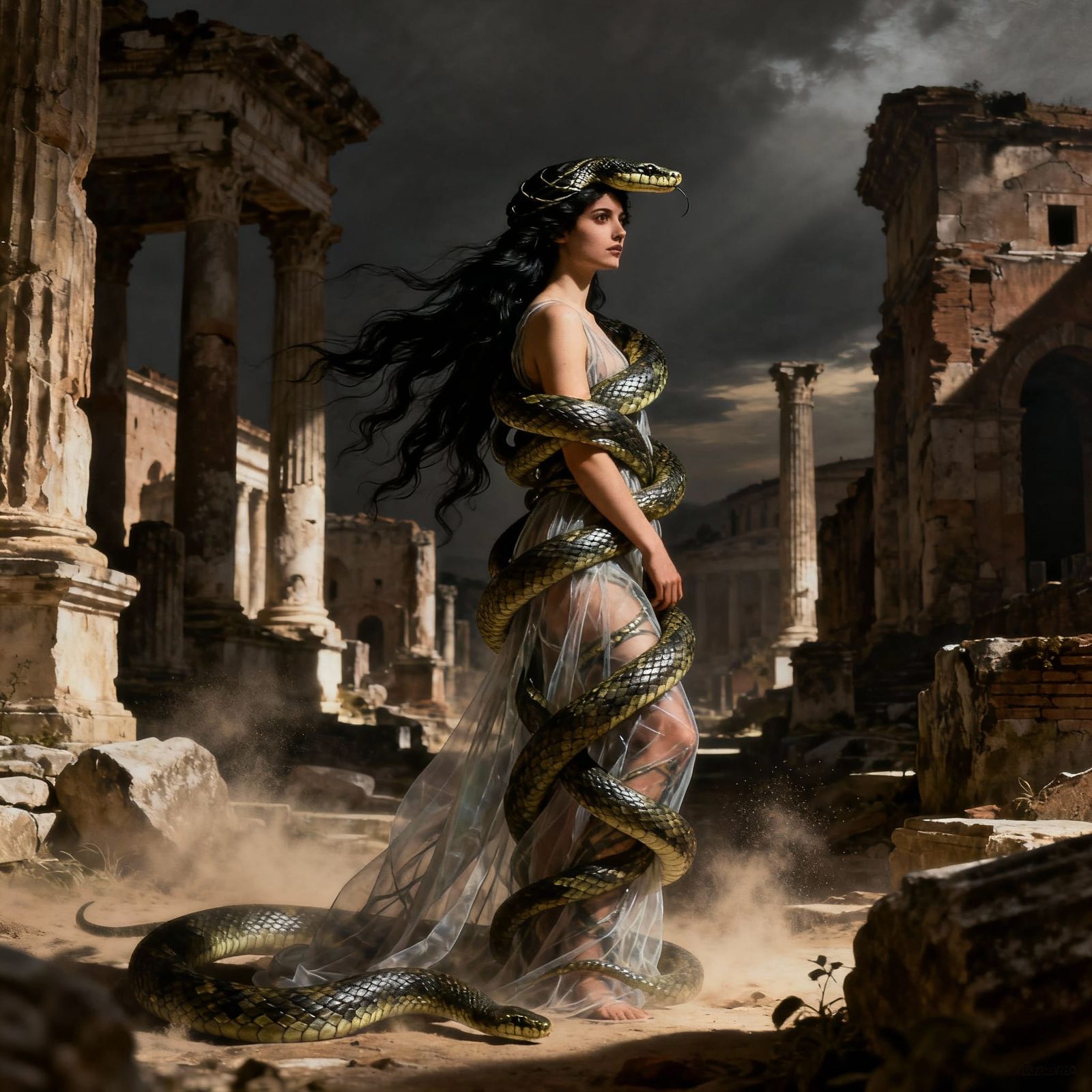 Young Woman Entwined by Snake in Roman Ruins