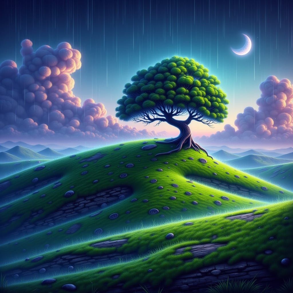 Twilight Hills With Ancient Oak Tree Digital Matte Painting