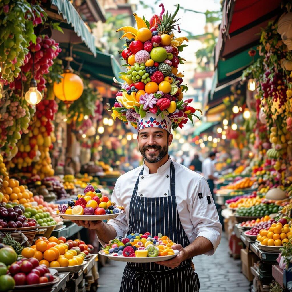 Quirky Chef With Edible Fruit Hat in Fantastical Market