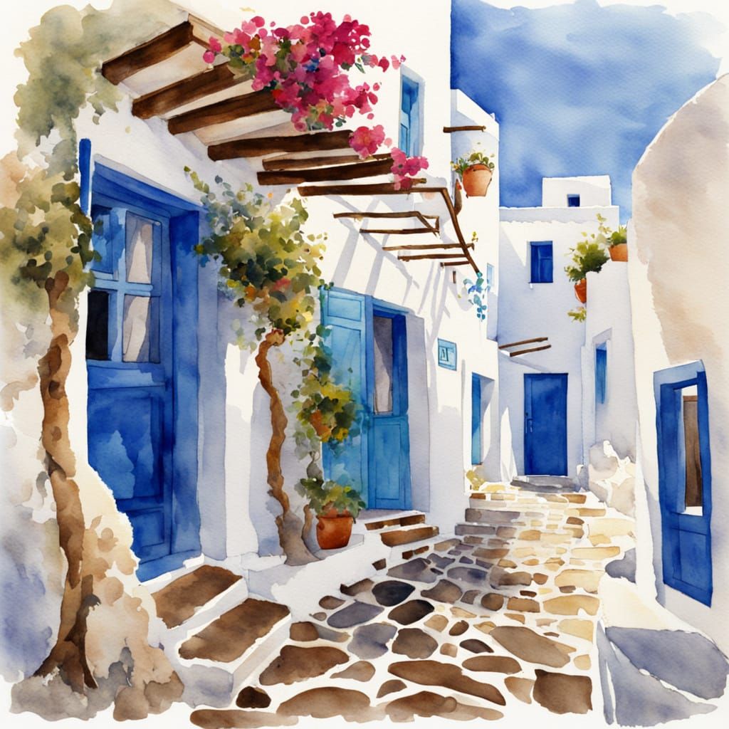 Watercolor Painting of Mykonos, Greece