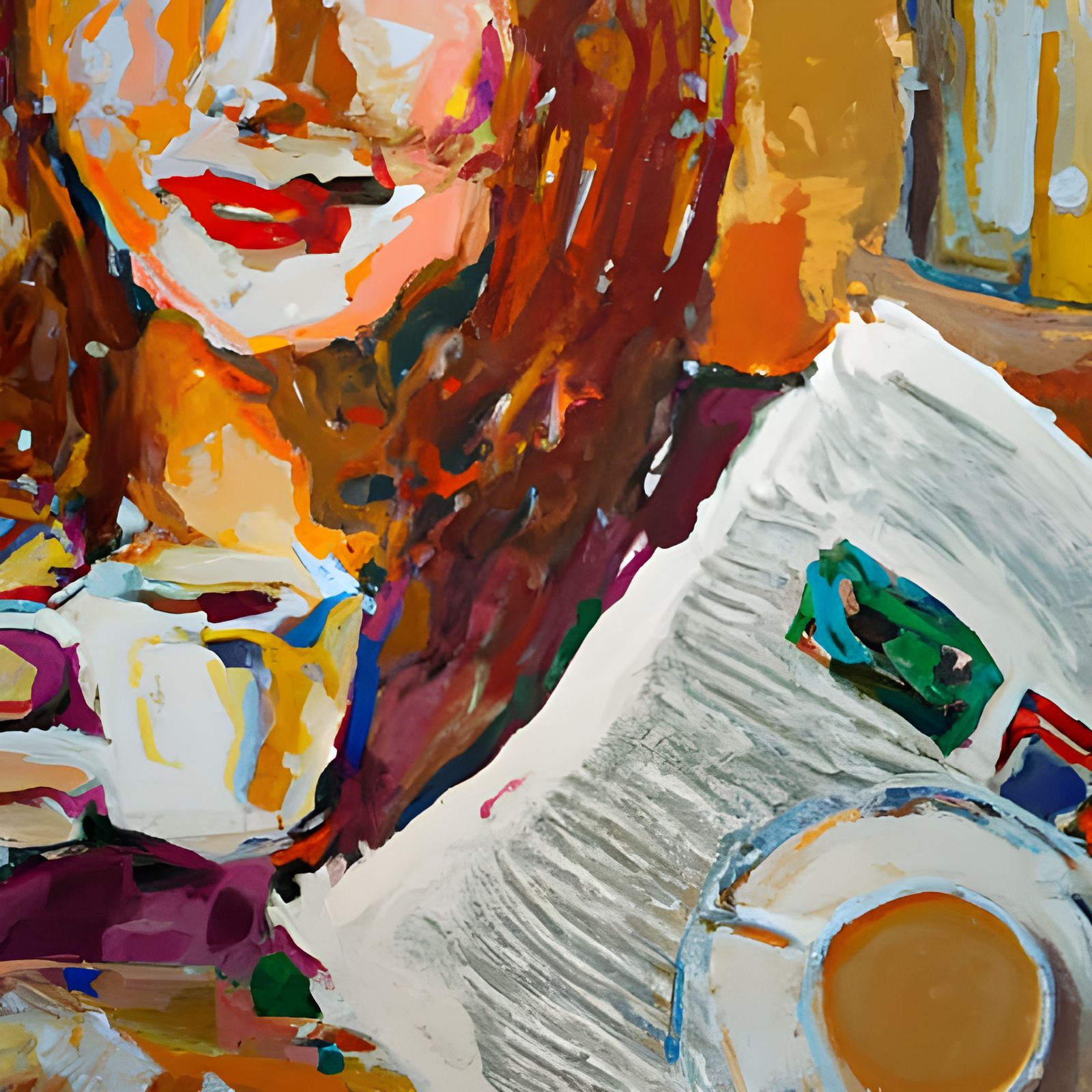 Neo-Impressionist Painting of Woman with Coffee