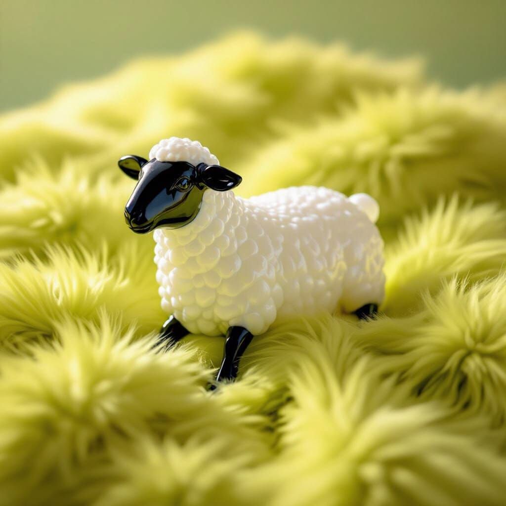 Delicate Blown Glass Sheep on Lime Fur Throw