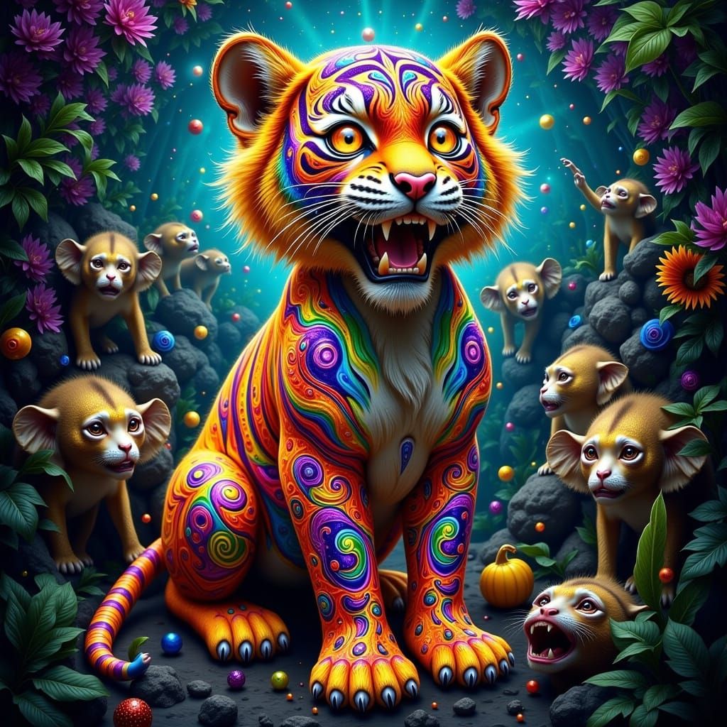 Psychedelic Tiger in Vibrant Jungle Scene