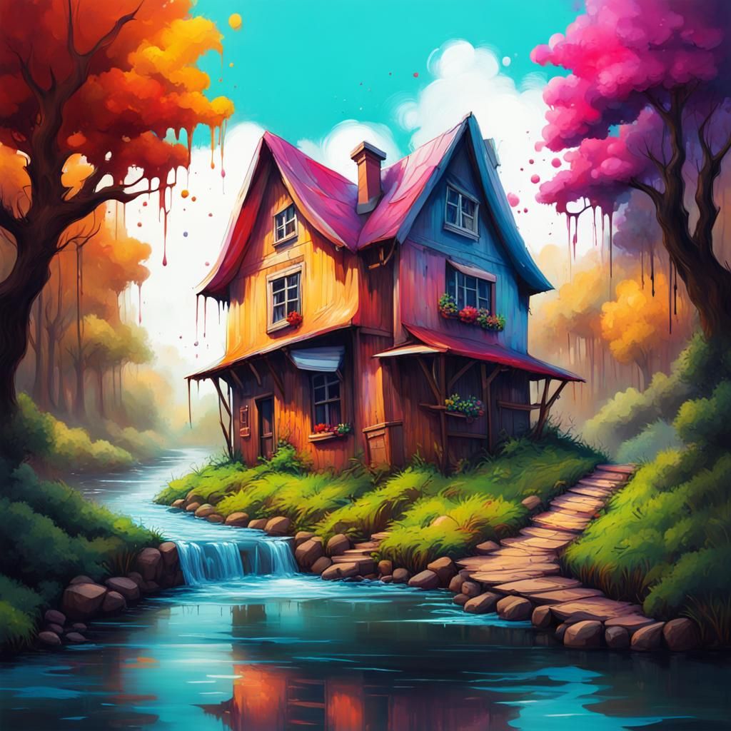Village House in Graffiti Art Style