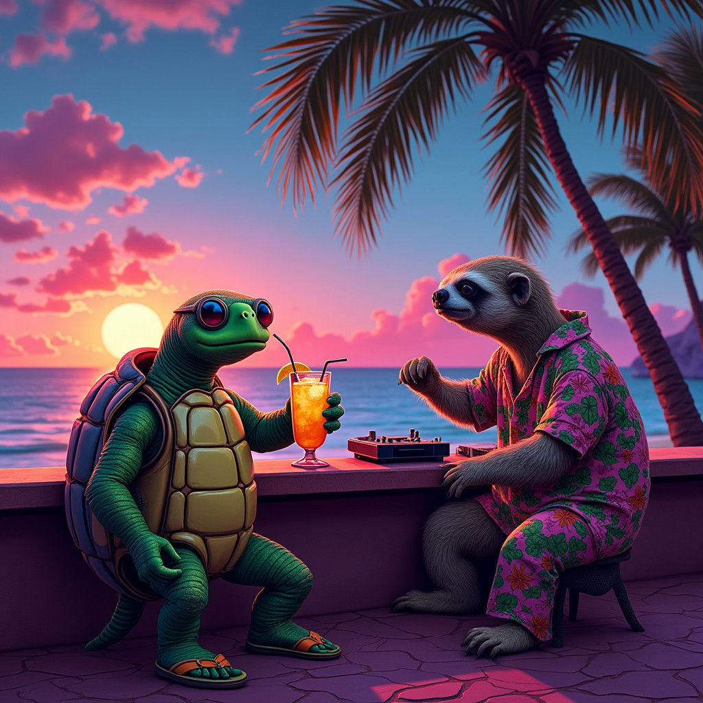 Turtle and Sloth Chill at Synthwave Beach Bar