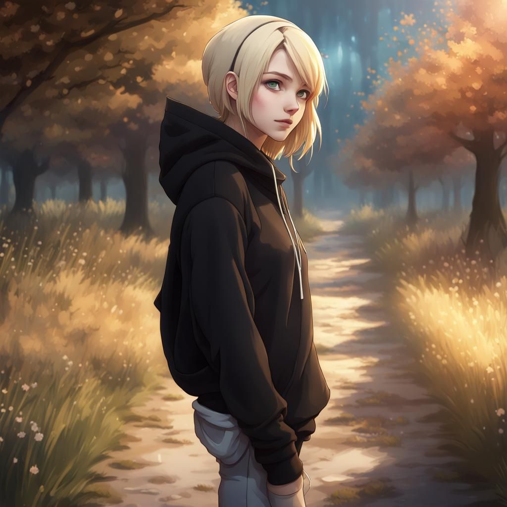 Anime Girl in Black Hoodie in Nature