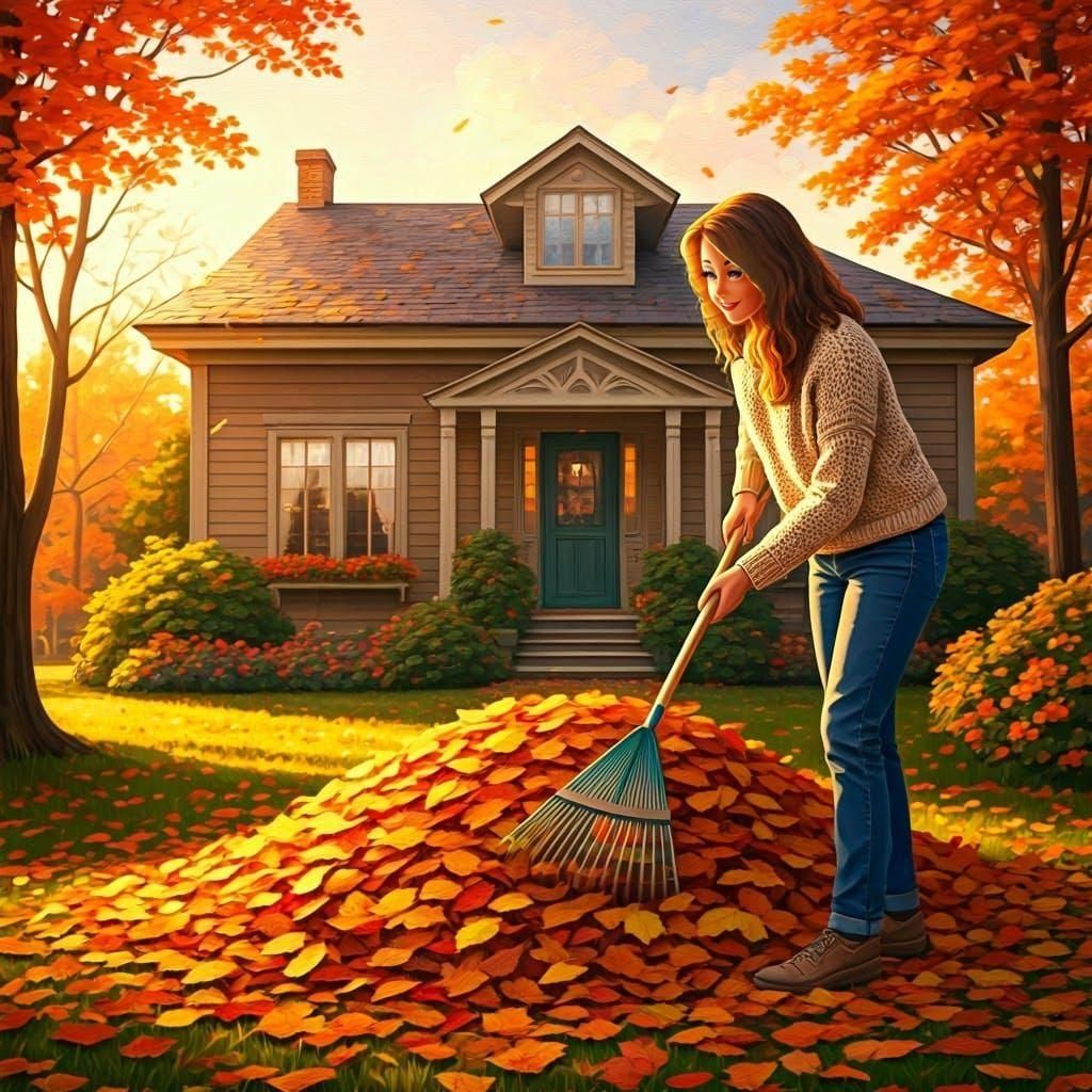 Raking Autumn Leaves in Front of House