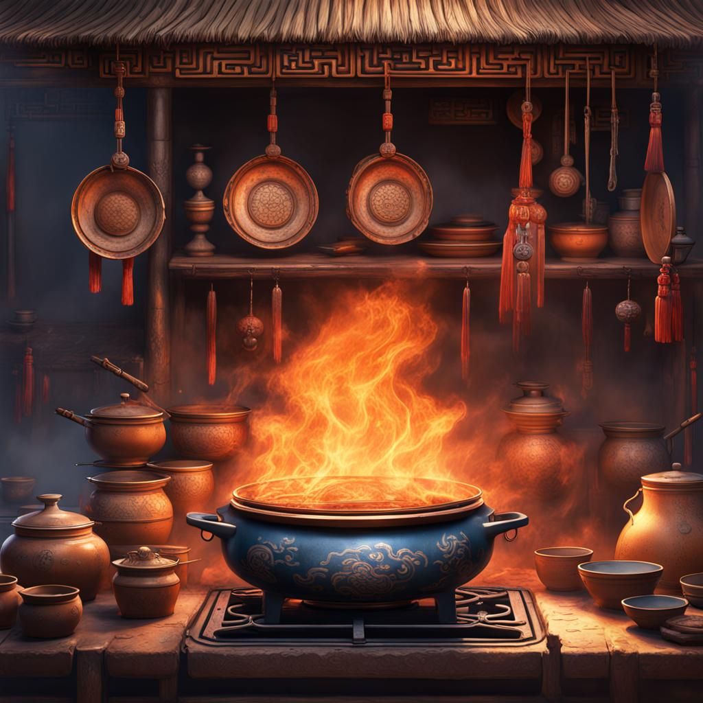 Chinese Cookstove as Detailed Brush Drawing