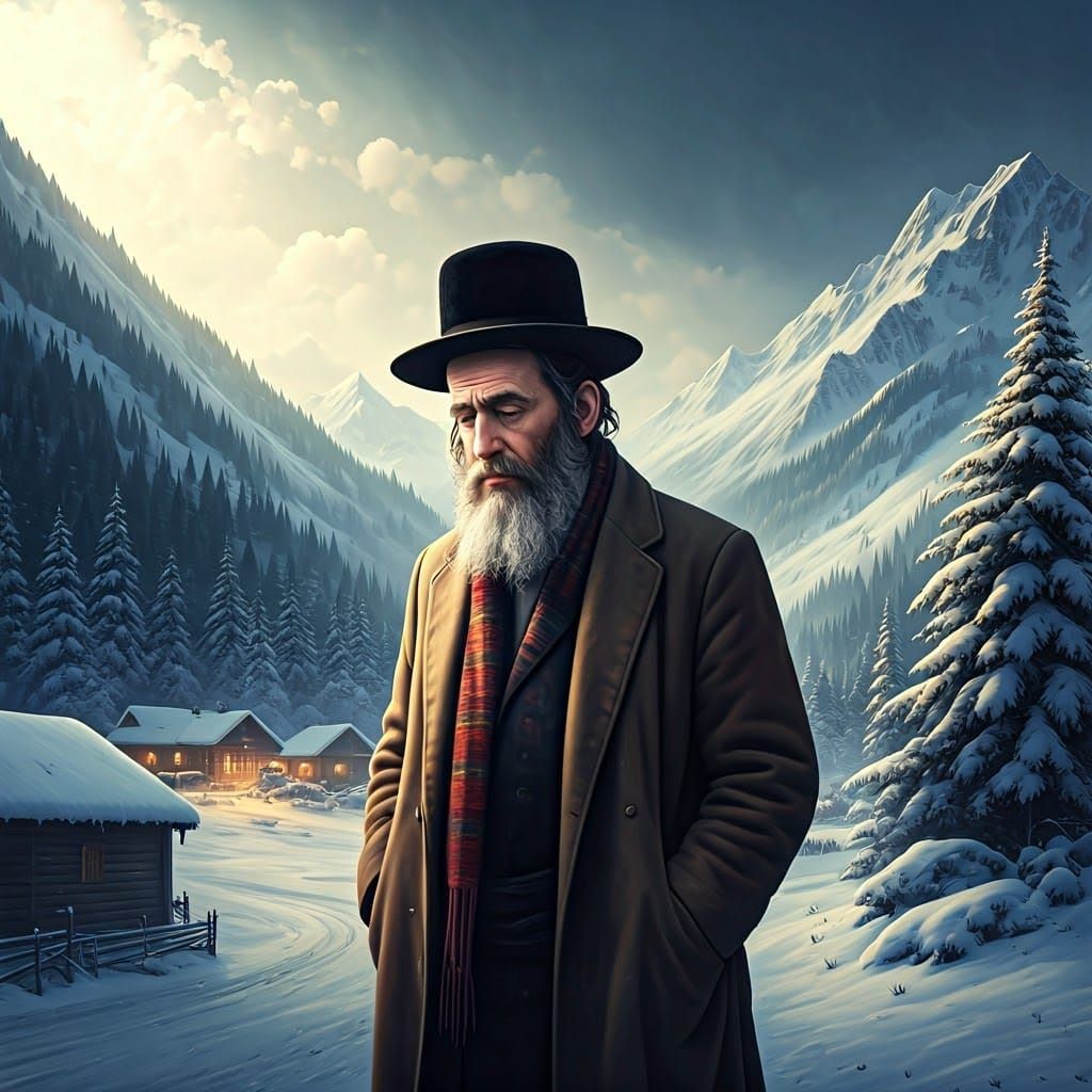 Devout Hasidic Man Walks Against Serene Snow-Capped Mountain...