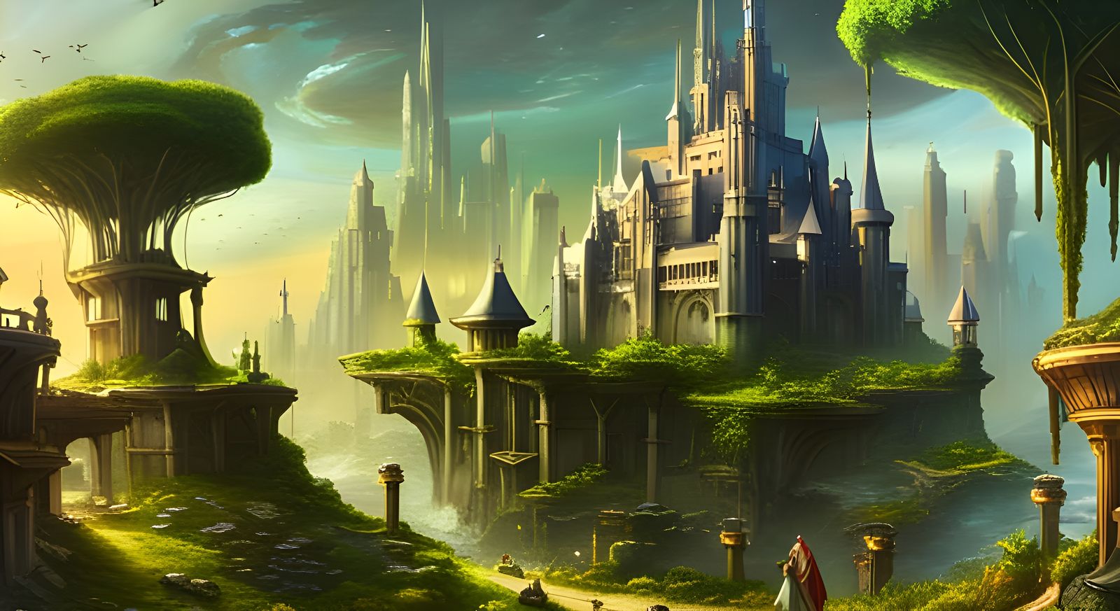 Fantasy Cyberpunk Steampunk Cityscape in Hyperdetailed Style