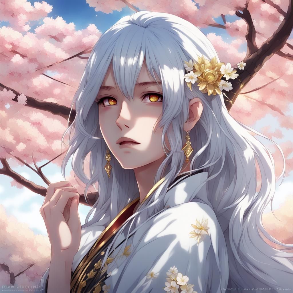 Anime Woman with White Hair and Cherry Blossoms