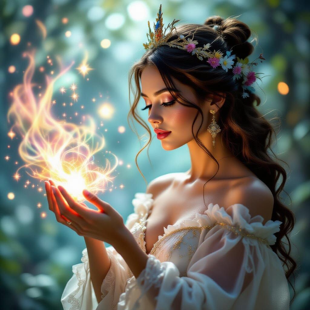 Sorceress Paints Dreams with Magical Brush, Photorealistic