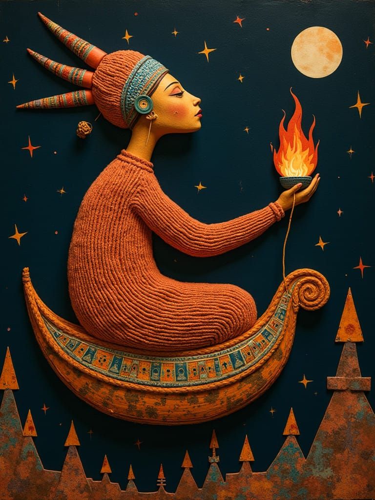 Flying on a Magical Vessel Through a Dark, Mysterious Night