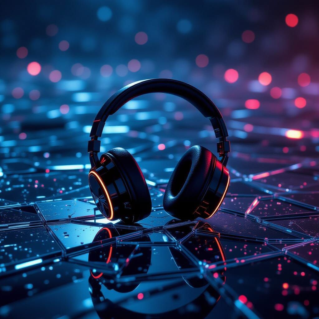 Glass Headphones on Shattered Glass in Futuristic Style