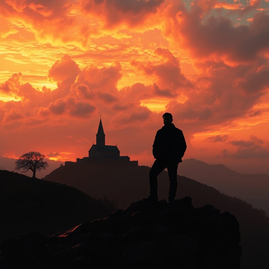 Sunset Silhouette at Brentor Chapel: Romanticist Landscape