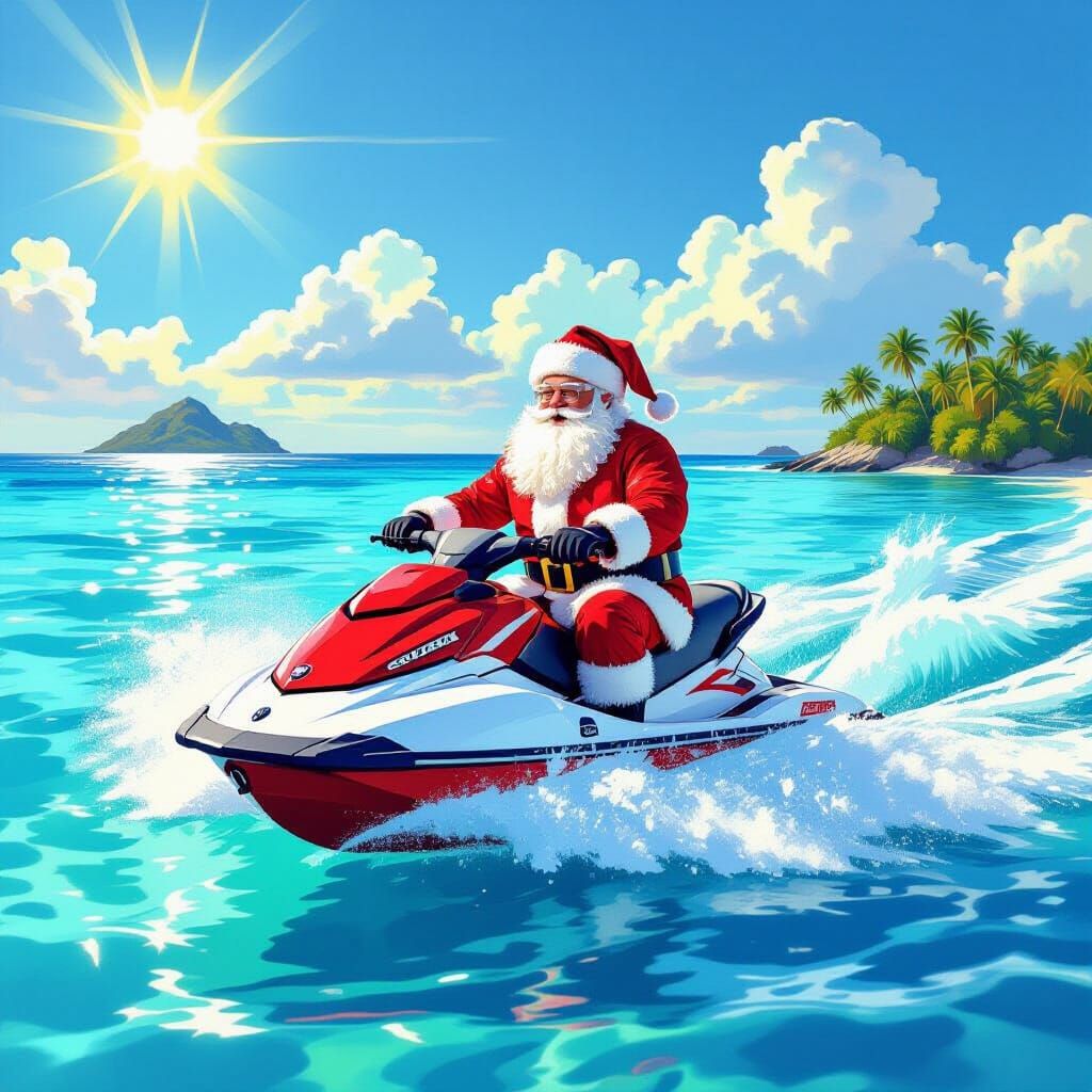 Santa Claus Joyfully Jetskiing in Tropical Paradise