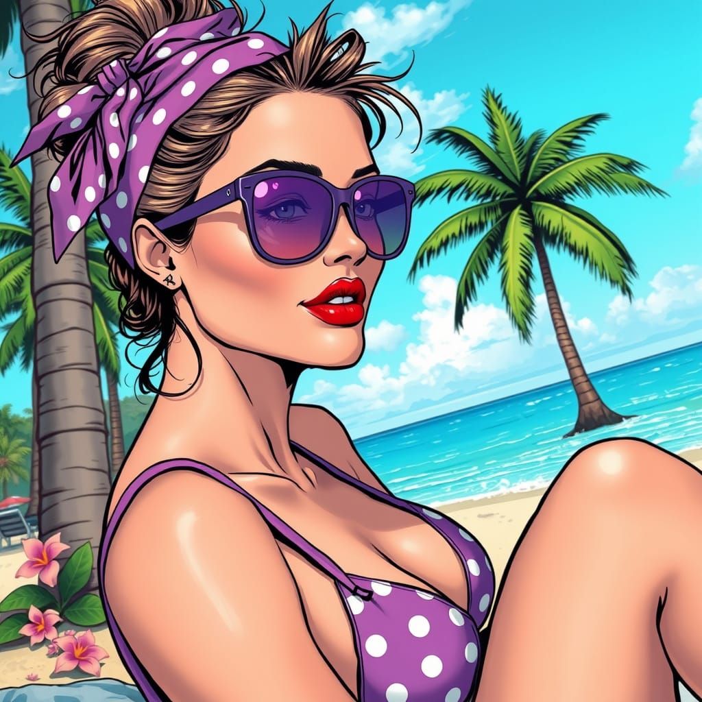 Woman on Beach in Hyperrealistic Comic Book Style