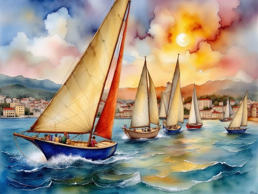 Sailboats Race in Naples Bay in Vintage Style