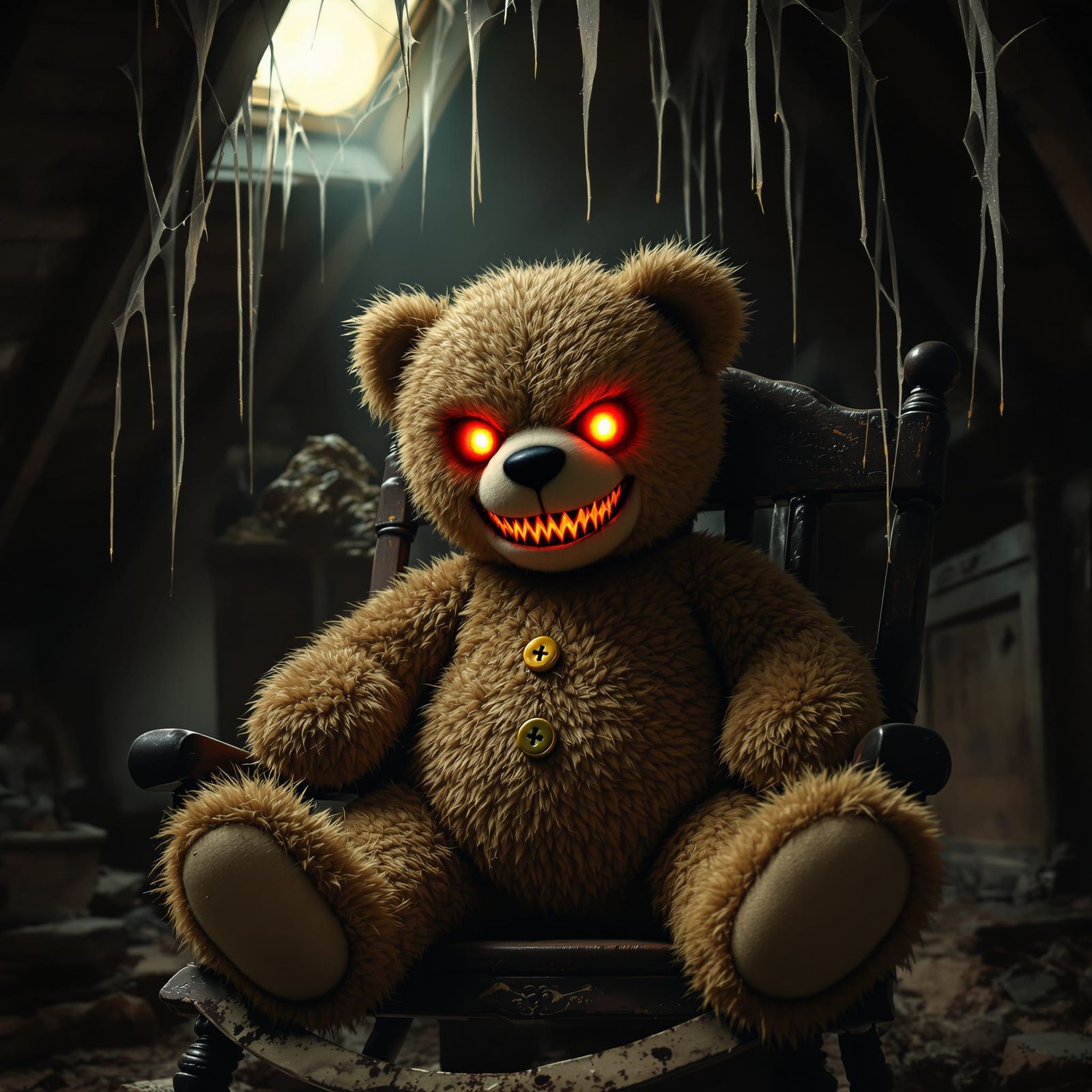 Sinister Teddy Bear with Embers for Eyes on Rocking Horse