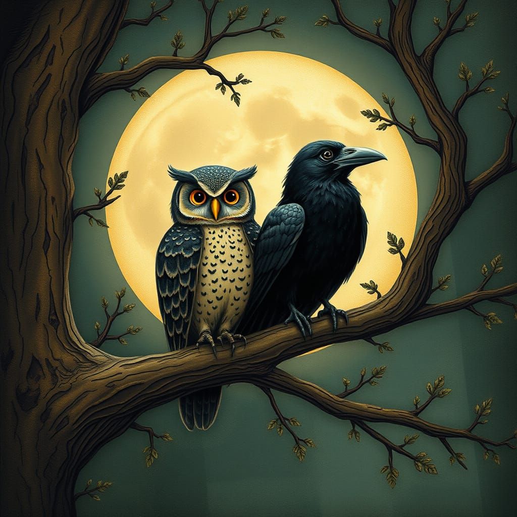 Moonlit Owl and Raven in Mystical Forest