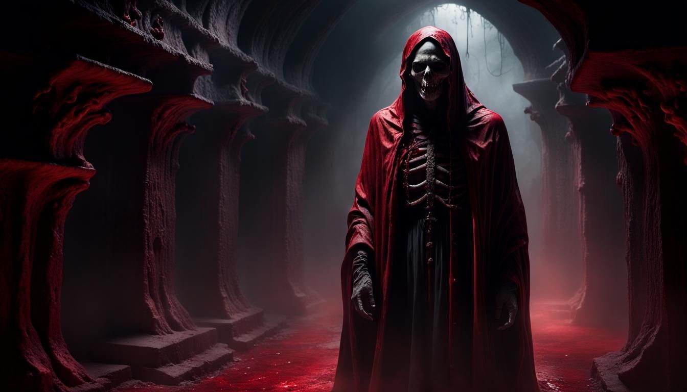 "Dark, ominous gothic art. close up, a (contorted:1.3), Massive figure rising from macabre, crimson-hued resin in a diml...