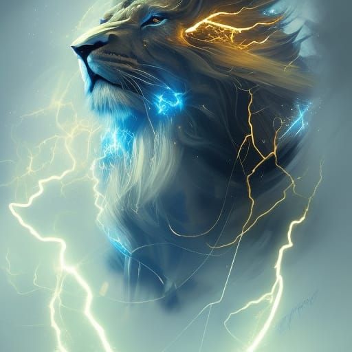 Majestic Black and Gold Lion Portrait with Lightning