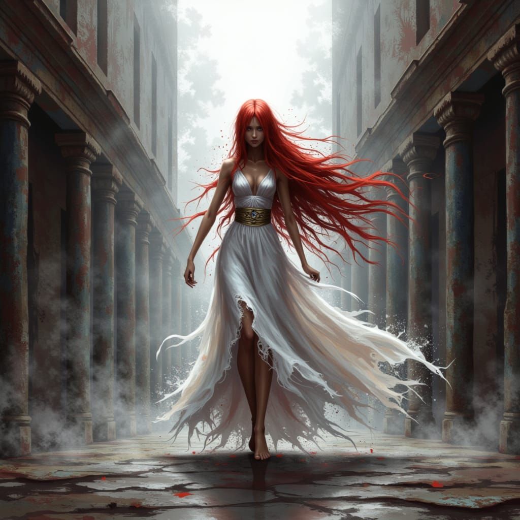 Red-Haired Woman in White Dress in Post-Apocalyptic City