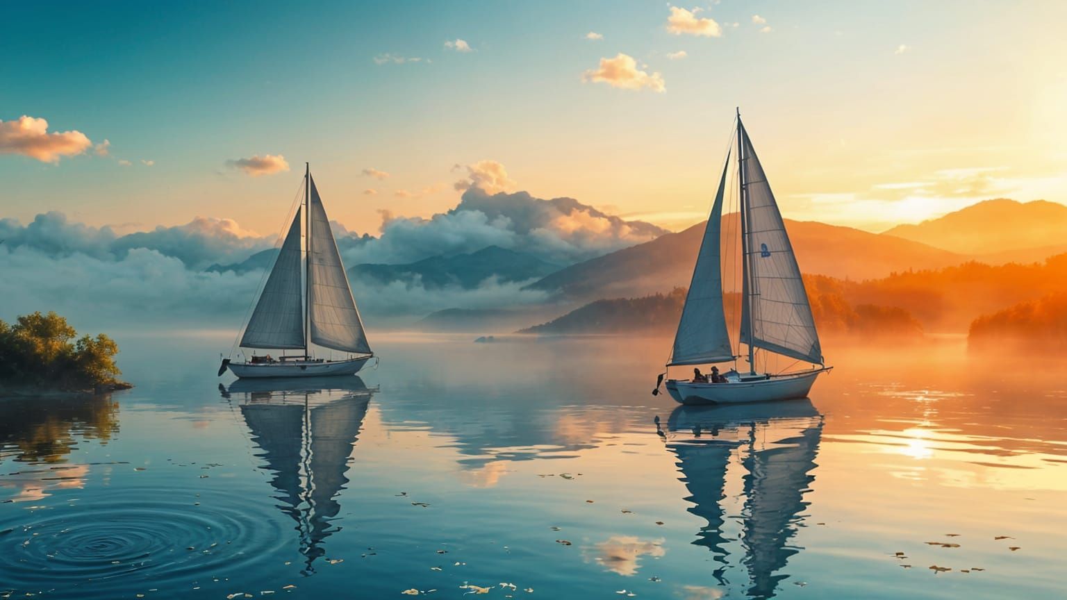 Sailboats Gliding on a Serene Morning Lake
