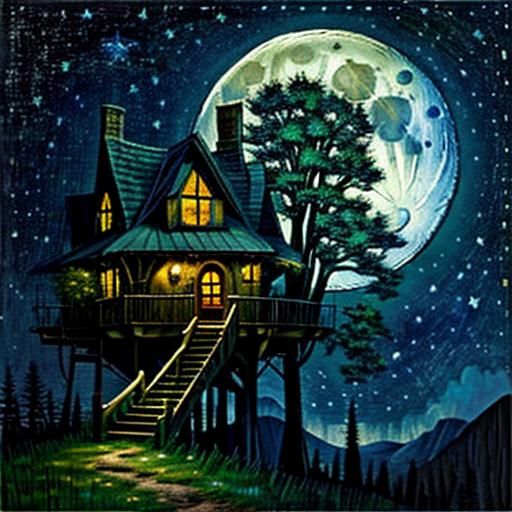 Gothic Treehouse Under Starry Impasto Sky